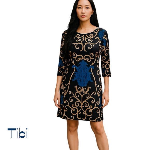 Tibi Black Gold Blue Bold Print Date Night Event Shift Dress NWOT Size S - Picture 1 of 12
